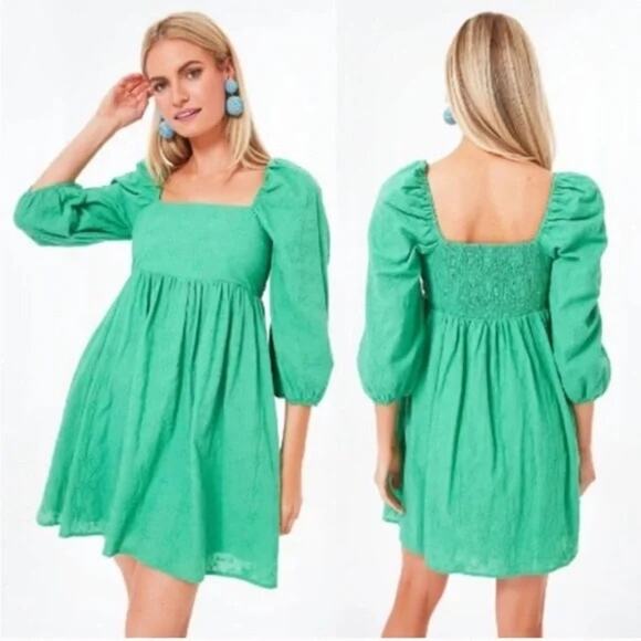 Pomander Place by Tuckernuck Elizabeth Mini Dress Puff Sleeve Green Large NWT - Picture 2 of 6